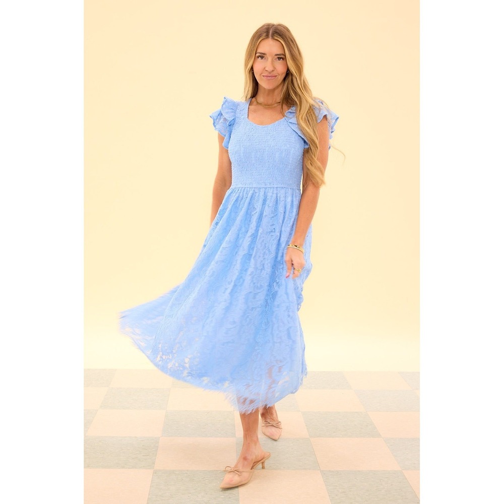 NWT Ivy City Co Hattie Midi Dress‎ Cornflower Blue Lace Smocked Ruffle Sleeve S